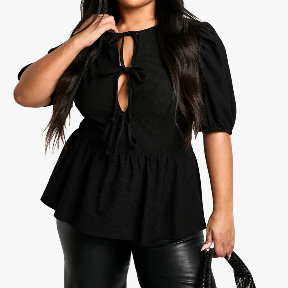 Crinkle Front Tie Puff Sleeve Women's Top